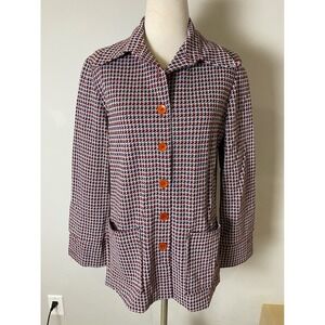 Vintage Tiger 1970s Houndstooth Knit Jacket Red White Blue Button Up Blazer